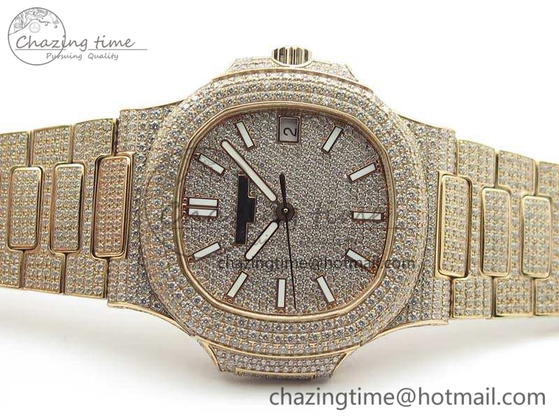 Comfortable Nautilus Jumbo 5711 Full Paved Diamonds Case Diamond Dial On RG Full Paved Diamonds Bracelet A 9030