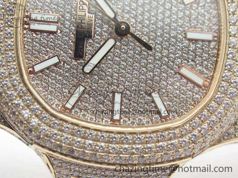 Comfortable Nautilus Jumbo 5711 Full Paved Diamonds Case Diamond Dial On RG Full Paved Diamonds Bracelet A 9030