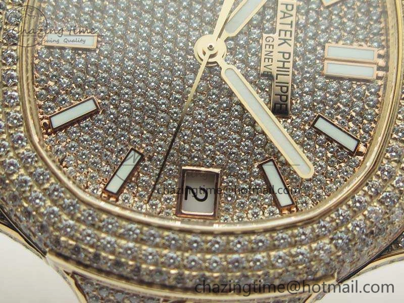 Comfortable Nautilus Jumbo 5711 Full Paved Diamonds Case Diamond Dial On RG Full Paved Diamonds Bracelet A 9030