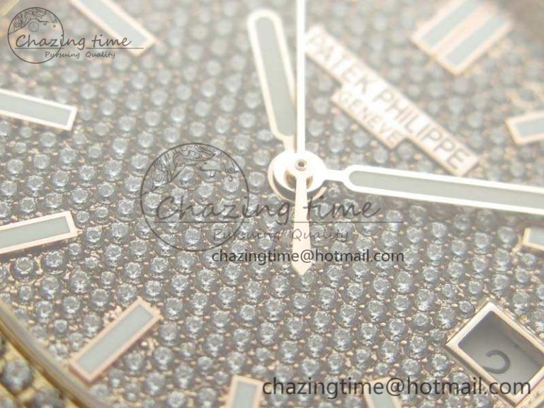 Comfortable Nautilus Jumbo 5711 Full Paved Diamonds Case Diamond Dial On RG Full Paved Diamonds Bracelet A 9030