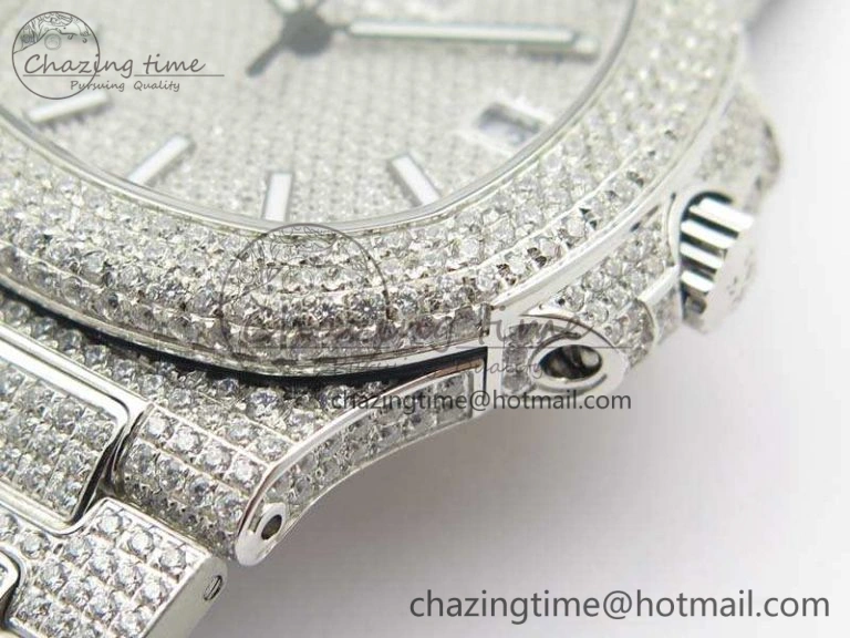 Contemporary Nautilus Jumbo 5711 Full Paved Diamonds Case Diamond Dial On SS Full Paved Diamonds Bracelet A 9026