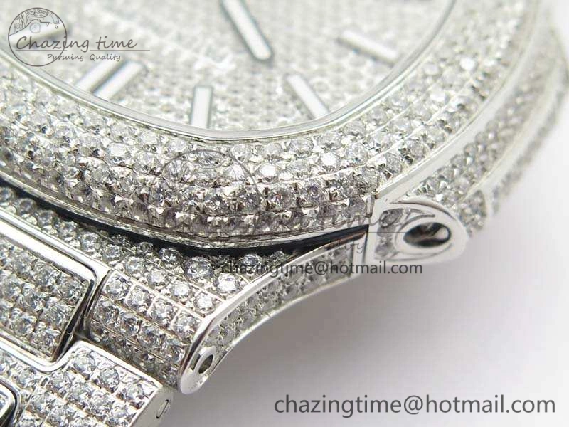 Contemporary Nautilus Jumbo 5711 Full Paved Diamonds Case Diamond Dial On SS Full Paved Diamonds Bracelet A 9026