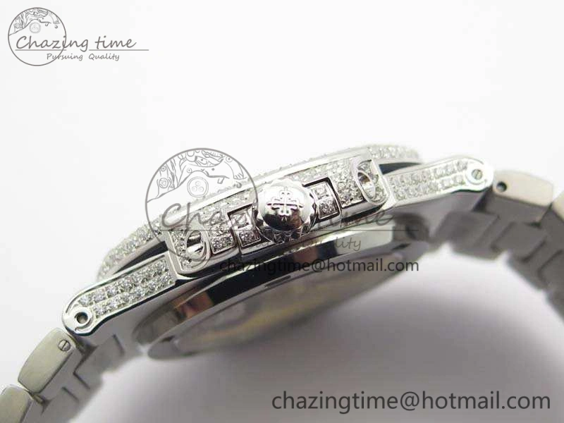 Contemporary Nautilus Jumbo 5711 Full Paved Diamonds Case Diamond Dial On SS Full Paved Diamonds Bracelet A 9026
