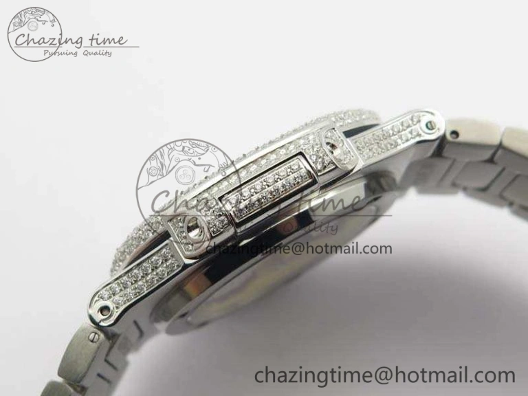 Contemporary Nautilus Jumbo 5711 Full Paved Diamonds Case Diamond Dial On SS Full Paved Diamonds Bracelet A 9026