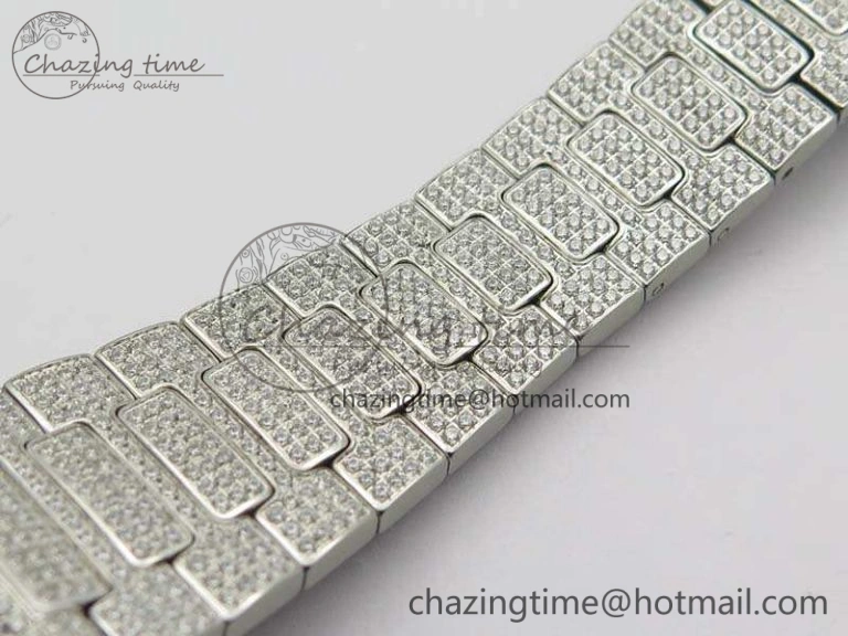 Contemporary Nautilus Jumbo 5711 Full Paved Diamonds Case Diamond Dial On SS Full Paved Diamonds Bracelet A 9026