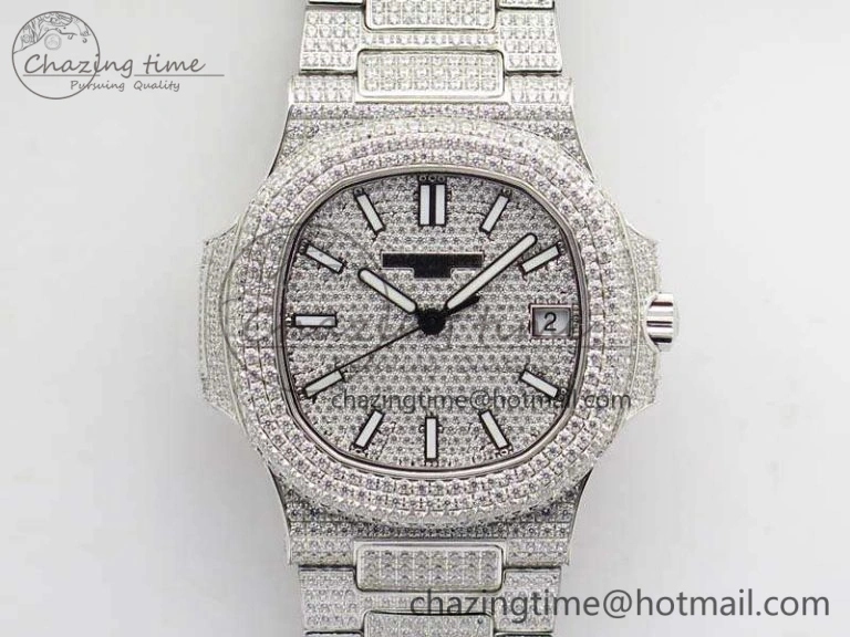 Contemporary Nautilus Jumbo 5711 Full Paved Diamonds Case Diamond Dial On SS Full Paved Diamonds Bracelet A 9026