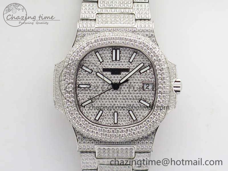 Contemporary Nautilus Jumbo 5711 Full Paved Diamonds Case Diamond Dial On SS Full Paved Diamonds Bracelet A 9026