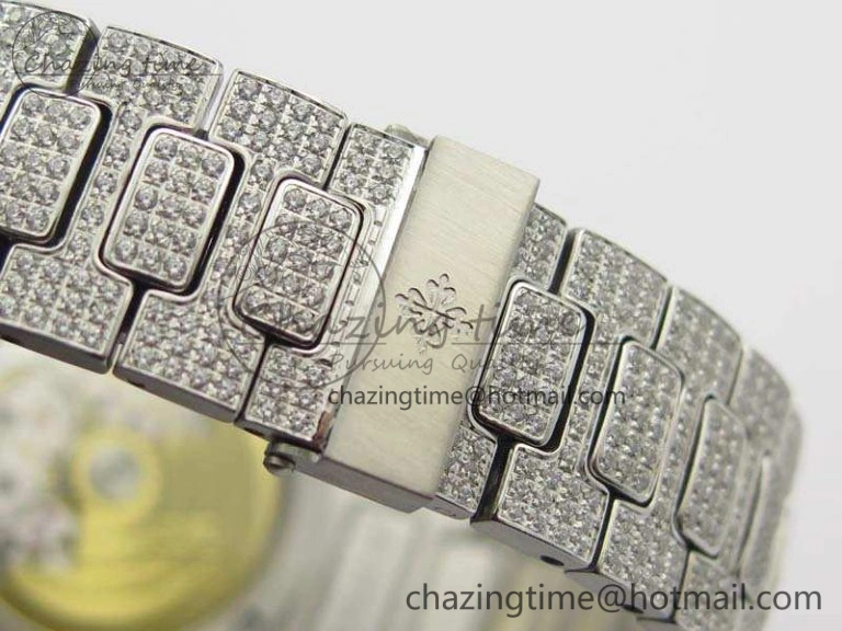 Contemporary Nautilus Jumbo 5711 Full Paved Diamonds Case Diamond Dial On SS Full Paved Diamonds Bracelet A 9026