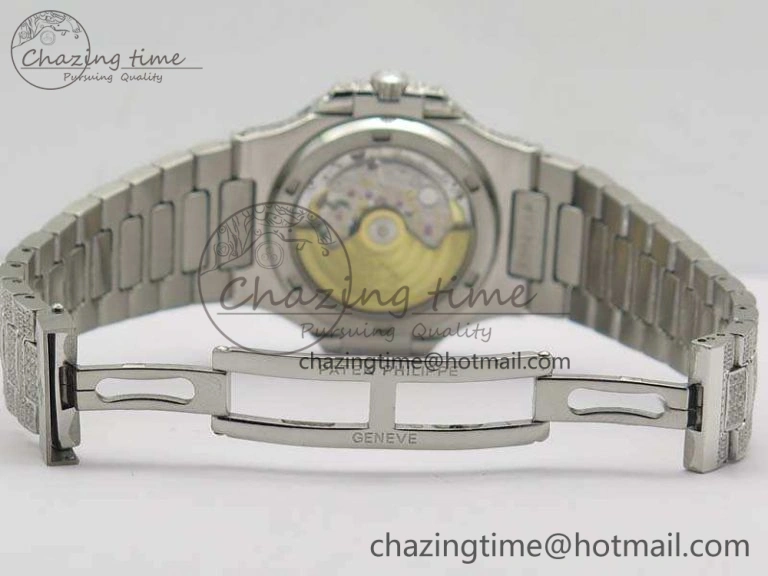 Contemporary Nautilus Jumbo 5711 Full Paved Diamonds Case Diamond Dial On SS Full Paved Diamonds Bracelet A 9026