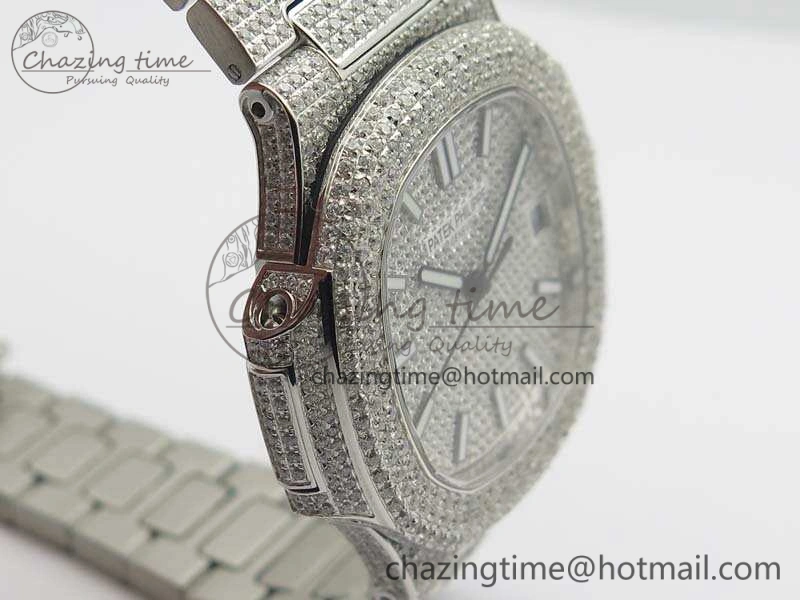 Contemporary Nautilus Jumbo 5711 Full Paved Diamonds Case Diamond Dial On SS Full Paved Diamonds Bracelet A 9026