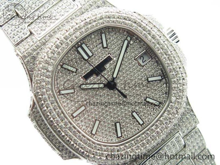 Contemporary Nautilus Jumbo 5711 Full Paved Diamonds Case Diamond Dial On SS Full Paved Diamonds Bracelet A 9026