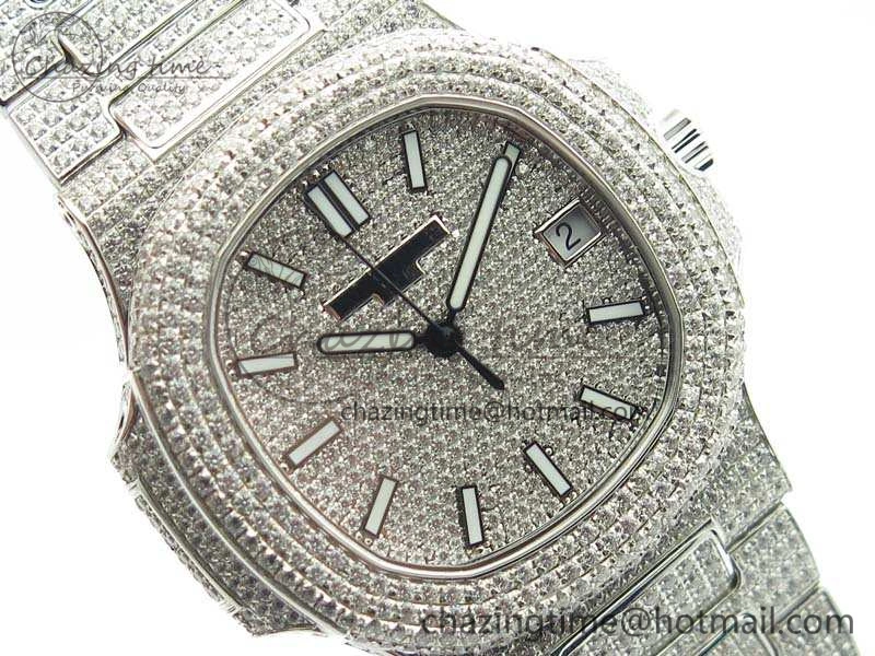 Contemporary Nautilus Jumbo 5711 Full Paved Diamonds Case Diamond Dial On SS Full Paved Diamonds Bracelet A 9026