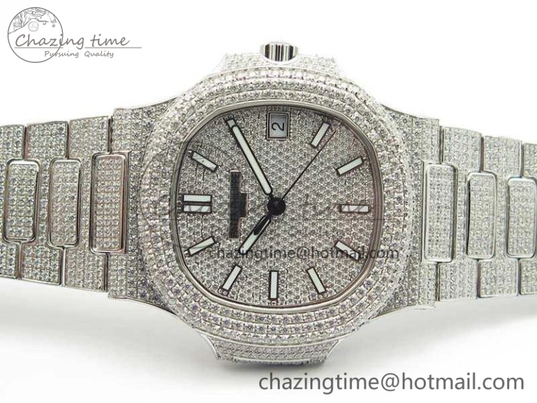 Contemporary Nautilus Jumbo 5711 Full Paved Diamonds Case Diamond Dial On SS Full Paved Diamonds Bracelet A 9026