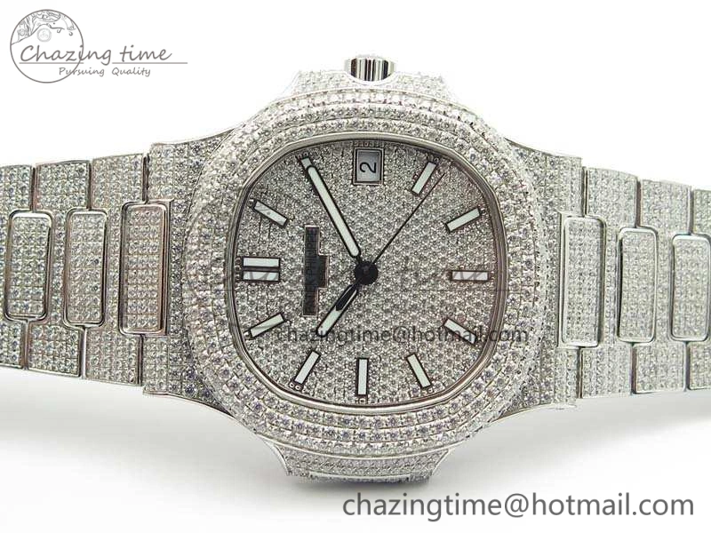 Contemporary Nautilus Jumbo 5711 Full Paved Diamonds Case Diamond Dial On SS Full Paved Diamonds Bracelet A 9026