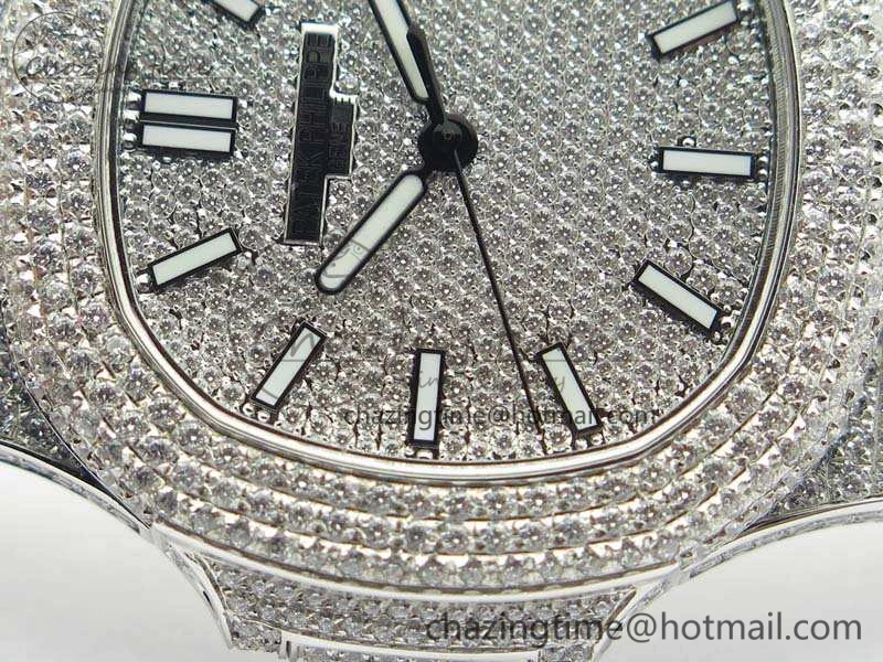 Contemporary Nautilus Jumbo 5711 Full Paved Diamonds Case Diamond Dial On SS Full Paved Diamonds Bracelet A 9026