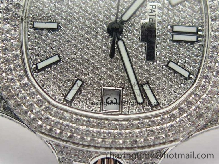 Contemporary Nautilus Jumbo 5711 Full Paved Diamonds Case Diamond Dial On SS Full Paved Diamonds Bracelet A 9026