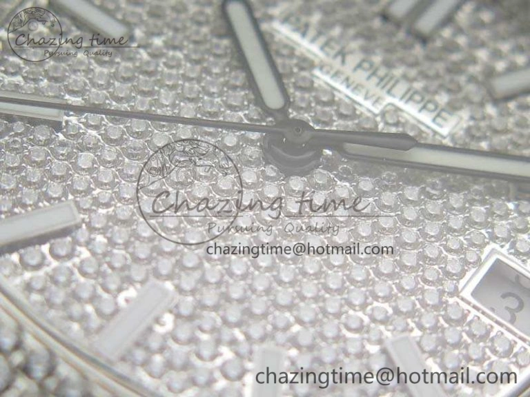 Contemporary Nautilus Jumbo 5711 Full Paved Diamonds Case Diamond Dial On SS Full Paved Diamonds Bracelet A 9026