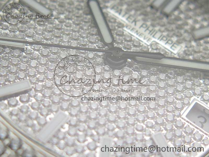 Contemporary Nautilus Jumbo 5711 Full Paved Diamonds Case Diamond Dial On SS Full Paved Diamonds Bracelet A 9026