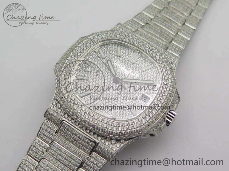 Contemporary Nautilus Jumbo 5711 Full Paved Diamonds Case Diamond Dial On SS Full Paved Diamonds Bracelet A 9026