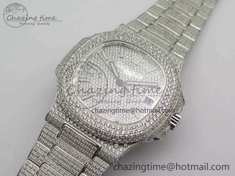 Contemporary Nautilus Jumbo 5711 Full Paved Diamonds Case Diamond Dial On SS Full Paved Diamonds Bracelet A 9026