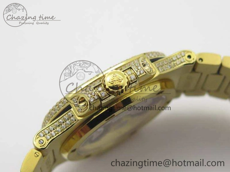 OnTrend Nautilus Jumbo 5711 Full Paved Diamonds Case Diamond Dial On YG Full Paved Diamonds Bracelet A 9029