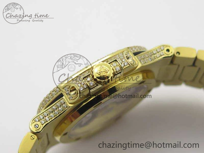OnTrend Nautilus Jumbo 5711 Full Paved Diamonds Case Diamond Dial On YG Full Paved Diamonds Bracelet A 9029