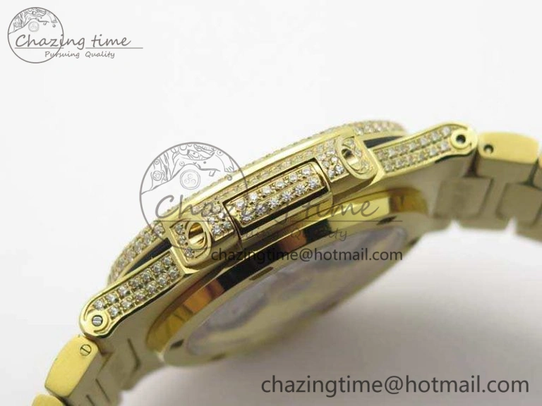 OnTrend Nautilus Jumbo 5711 Full Paved Diamonds Case Diamond Dial On YG Full Paved Diamonds Bracelet A 9029