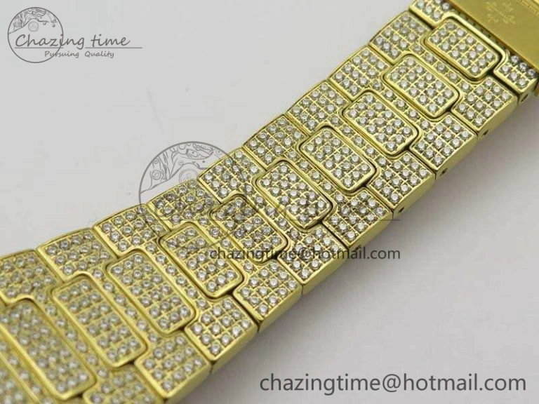OnTrend Nautilus Jumbo 5711 Full Paved Diamonds Case Diamond Dial On YG Full Paved Diamonds Bracelet A 9029