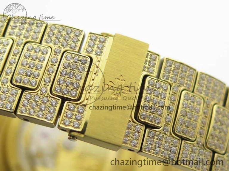 OnTrend Nautilus Jumbo 5711 Full Paved Diamonds Case Diamond Dial On YG Full Paved Diamonds Bracelet A 9029