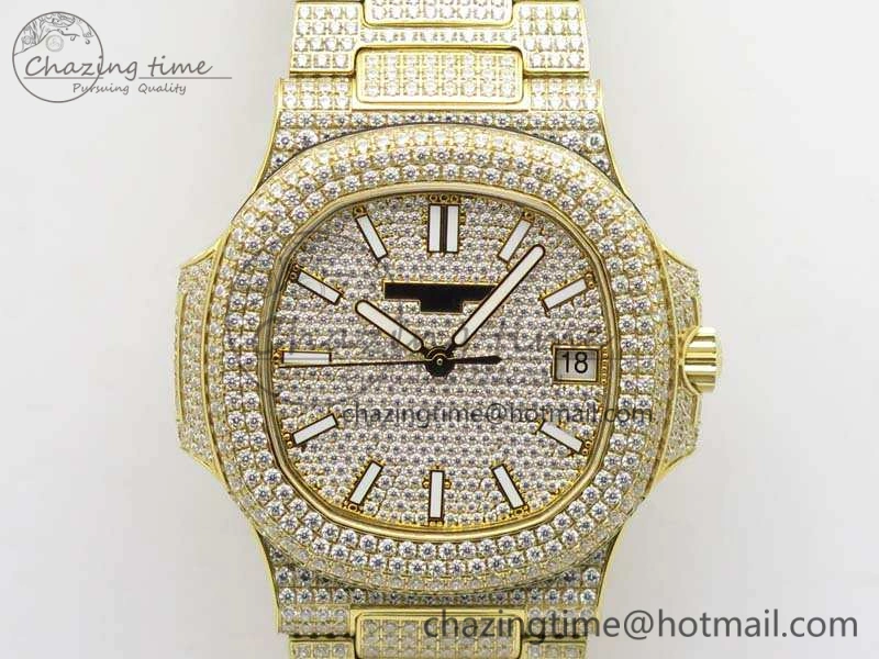 OnTrend Nautilus Jumbo 5711 Full Paved Diamonds Case Diamond Dial On YG Full Paved Diamonds Bracelet A 9029