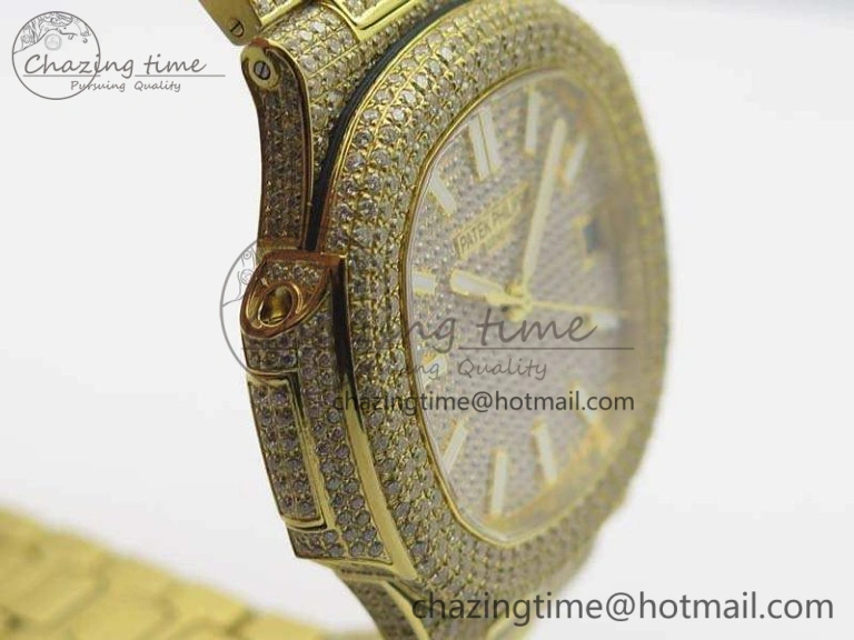 OnTrend Nautilus Jumbo 5711 Full Paved Diamonds Case Diamond Dial On YG Full Paved Diamonds Bracelet A 9029