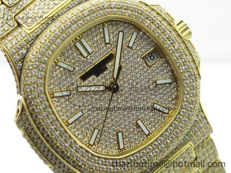 OnTrend Nautilus Jumbo 5711 Full Paved Diamonds Case Diamond Dial On YG Full Paved Diamonds Bracelet A 9029