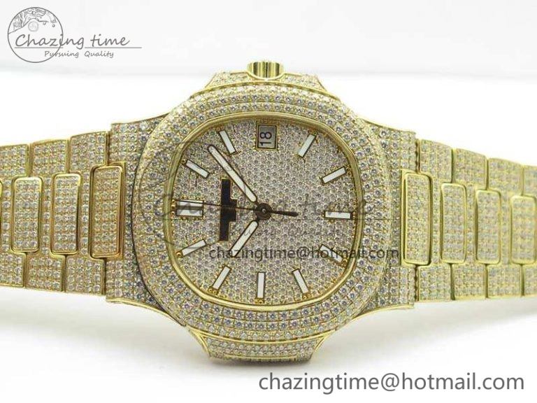OnTrend Nautilus Jumbo 5711 Full Paved Diamonds Case Diamond Dial On YG Full Paved Diamonds Bracelet A 9029