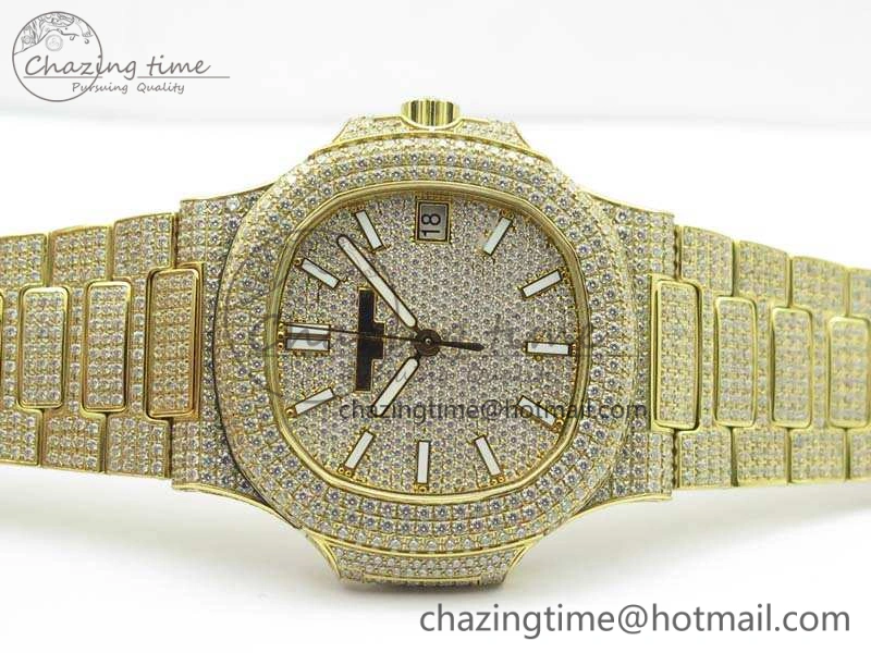 OnTrend Nautilus Jumbo 5711 Full Paved Diamonds Case Diamond Dial On YG Full Paved Diamonds Bracelet A 9029