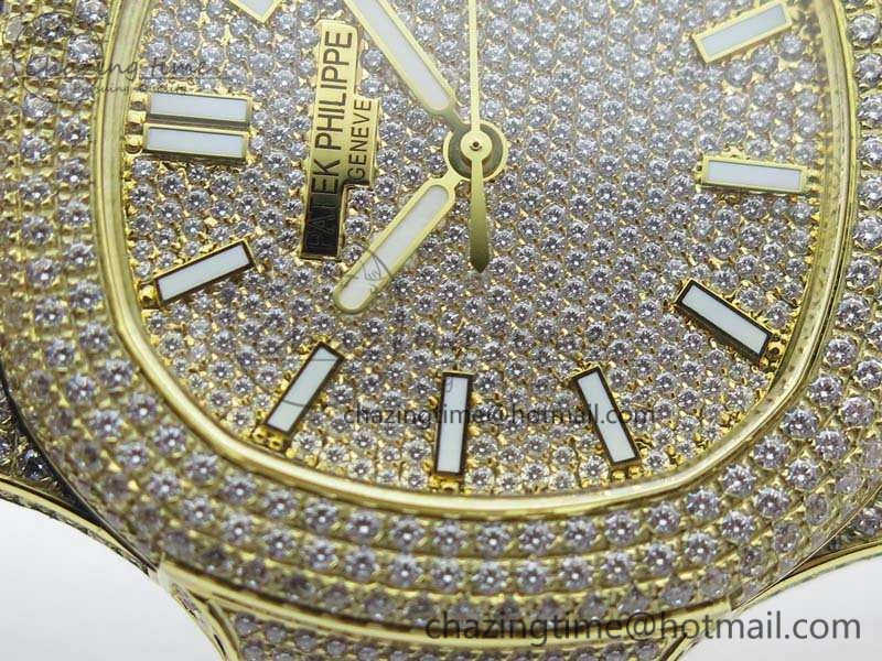 OnTrend Nautilus Jumbo 5711 Full Paved Diamonds Case Diamond Dial On YG Full Paved Diamonds Bracelet A 9029