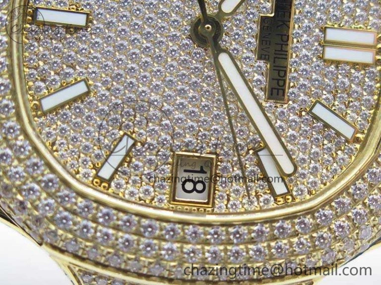 OnTrend Nautilus Jumbo 5711 Full Paved Diamonds Case Diamond Dial On YG Full Paved Diamonds Bracelet A 9029