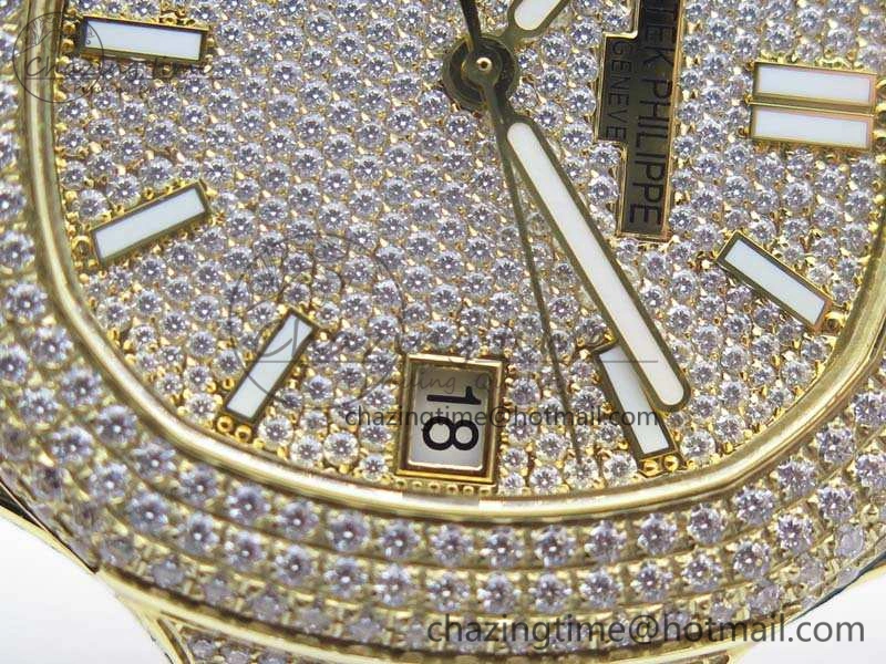 OnTrend Nautilus Jumbo 5711 Full Paved Diamonds Case Diamond Dial On YG Full Paved Diamonds Bracelet A 9029