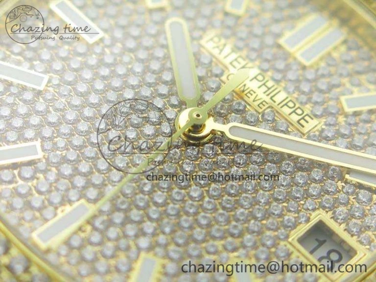 OnTrend Nautilus Jumbo 5711 Full Paved Diamonds Case Diamond Dial On YG Full Paved Diamonds Bracelet A 9029