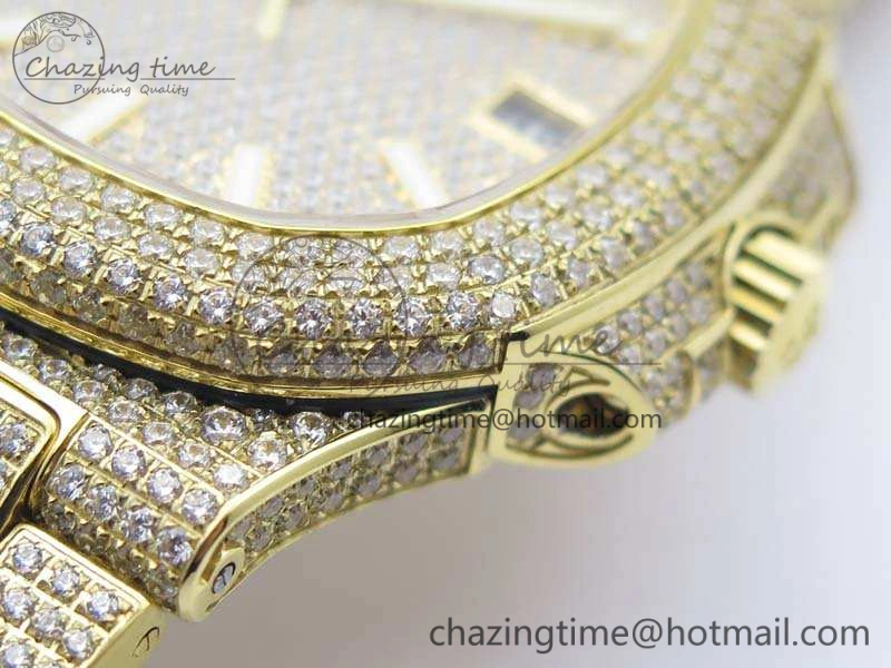 OnTrend Nautilus Jumbo 5711 Full Paved Diamonds Case Diamond Dial On YG Full Paved Diamonds Bracelet A 9029
