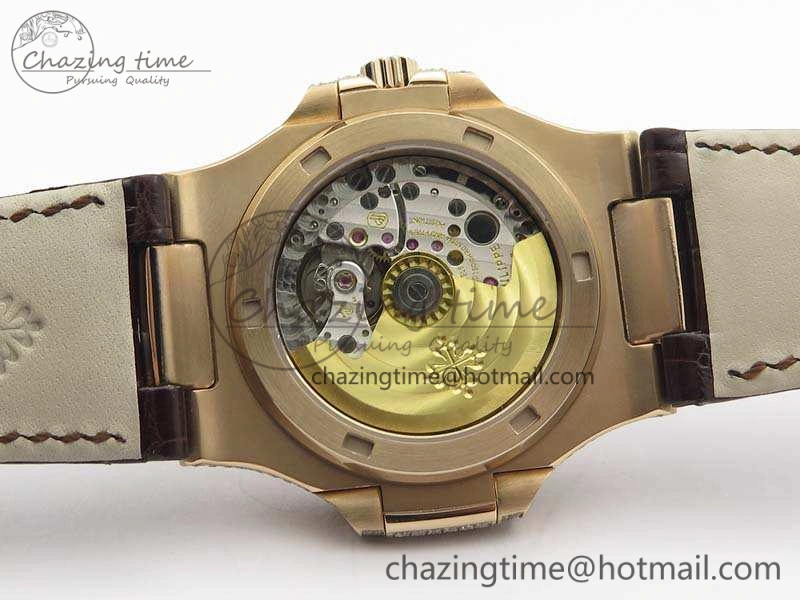 MultiPurpose Nautilus Jumbo 5711 RG Full Paved Diamonds White Dial On Brown Croc Leather Strap A 9024