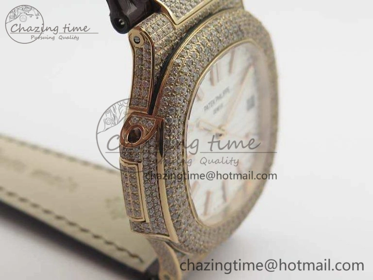 MultiPurpose Nautilus Jumbo 5711 RG Full Paved Diamonds White Dial On Brown Croc Leather Strap A 9024