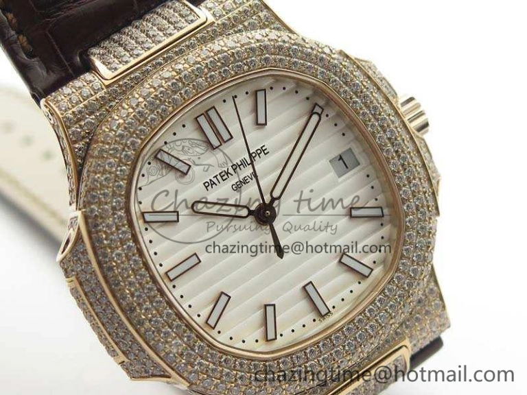 MultiPurpose Nautilus Jumbo 5711 RG Full Paved Diamonds White Dial On Brown Croc Leather Strap A 9024