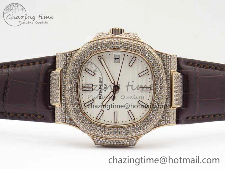 MultiPurpose Nautilus Jumbo 5711 RG Full Paved Diamonds White Dial On Brown Croc Leather Strap A 9024
