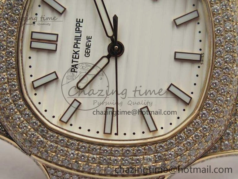 MultiPurpose Nautilus Jumbo 5711 RG Full Paved Diamonds White Dial On Brown Croc Leather Strap A 9024