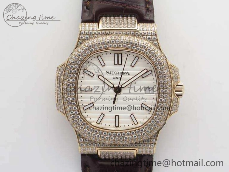MultiPurpose Nautilus Jumbo 5711 RG Full Paved Diamonds White Dial On Brown Croc Leather Strap A 9024