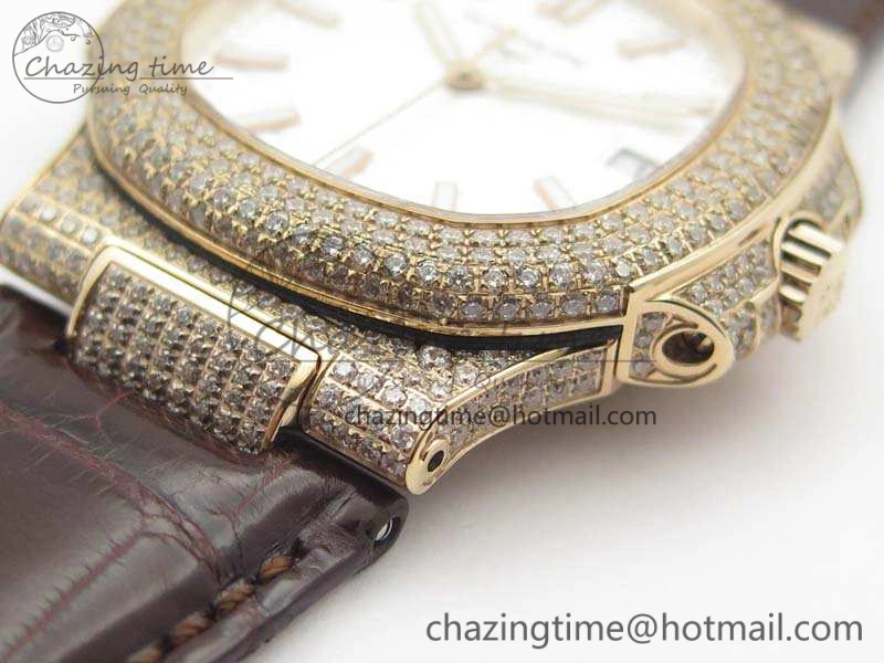 MultiPurpose Nautilus Jumbo 5711 RG Full Paved Diamonds White Dial On Brown Croc Leather Strap A 9024