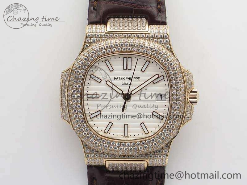MultiPurpose Nautilus Jumbo 5711 RG Full Paved Diamonds White Dial On Brown Croc Leather Strap A 9024