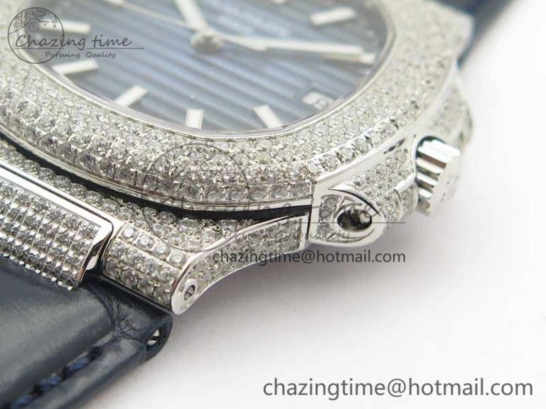 Nautilus Jumbo 5711 SS Full Paved Diamonds Blue Dial On Blue Croc Leather Strap A ComfortFit 9022