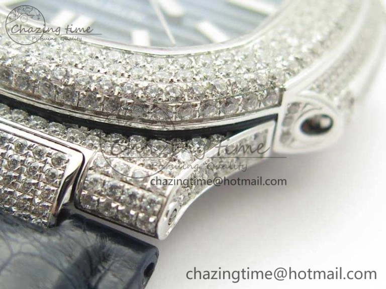 Nautilus Jumbo 5711 SS Full Paved Diamonds Blue Dial On Blue Croc Leather Strap A ComfortFit 9022