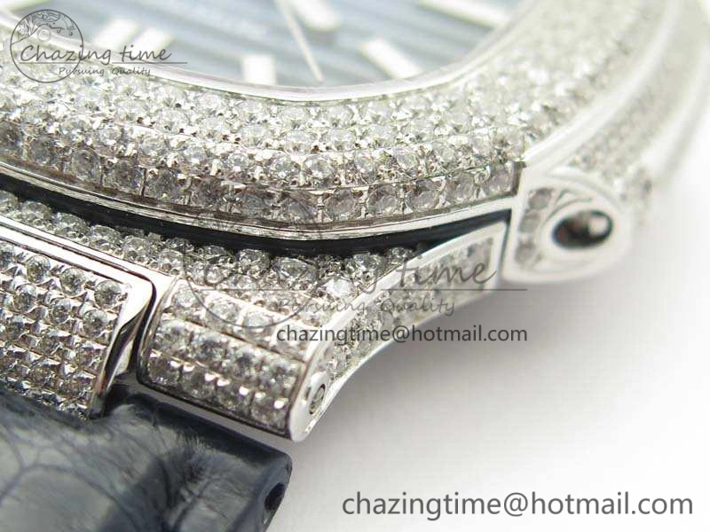 Nautilus Jumbo 5711 SS Full Paved Diamonds Blue Dial On Blue Croc Leather Strap A ComfortFit 9022